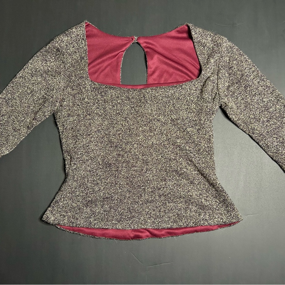 Mimi Giovanna Metallic Knit Open Back Top Size 10 Burgundy Lined